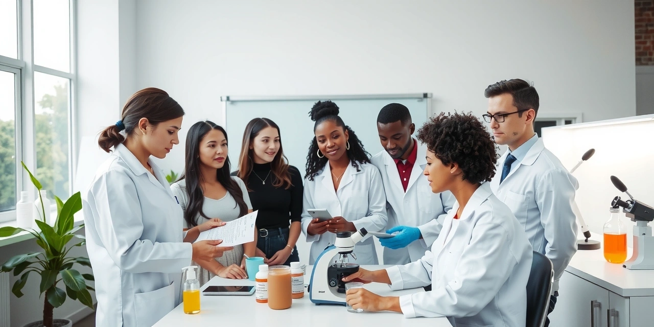 Diverse team of scientists and specialists collaborating in a modern, clean environment